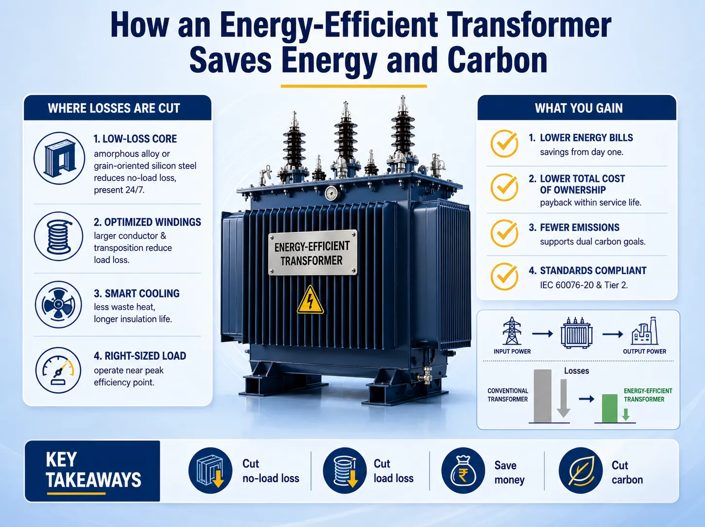 Infographic explaining how an energy-efficient transformer reduces no-load loss and load loss to deliver energy savings and lower carbon emissions