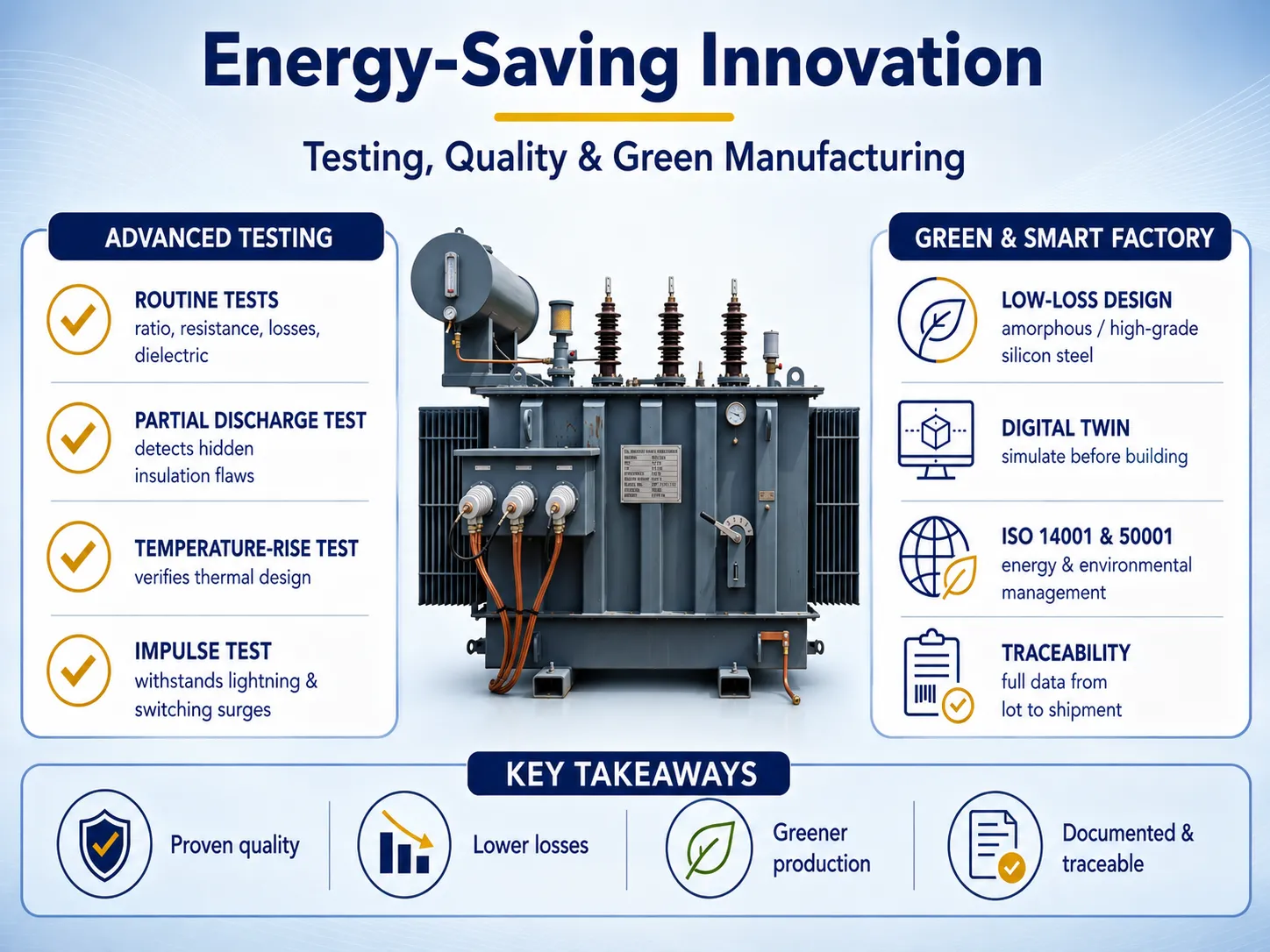 Infographic showing energy-saving transformer innovation, smart factory digitalization, advanced testing, and green manufacturing capabilities