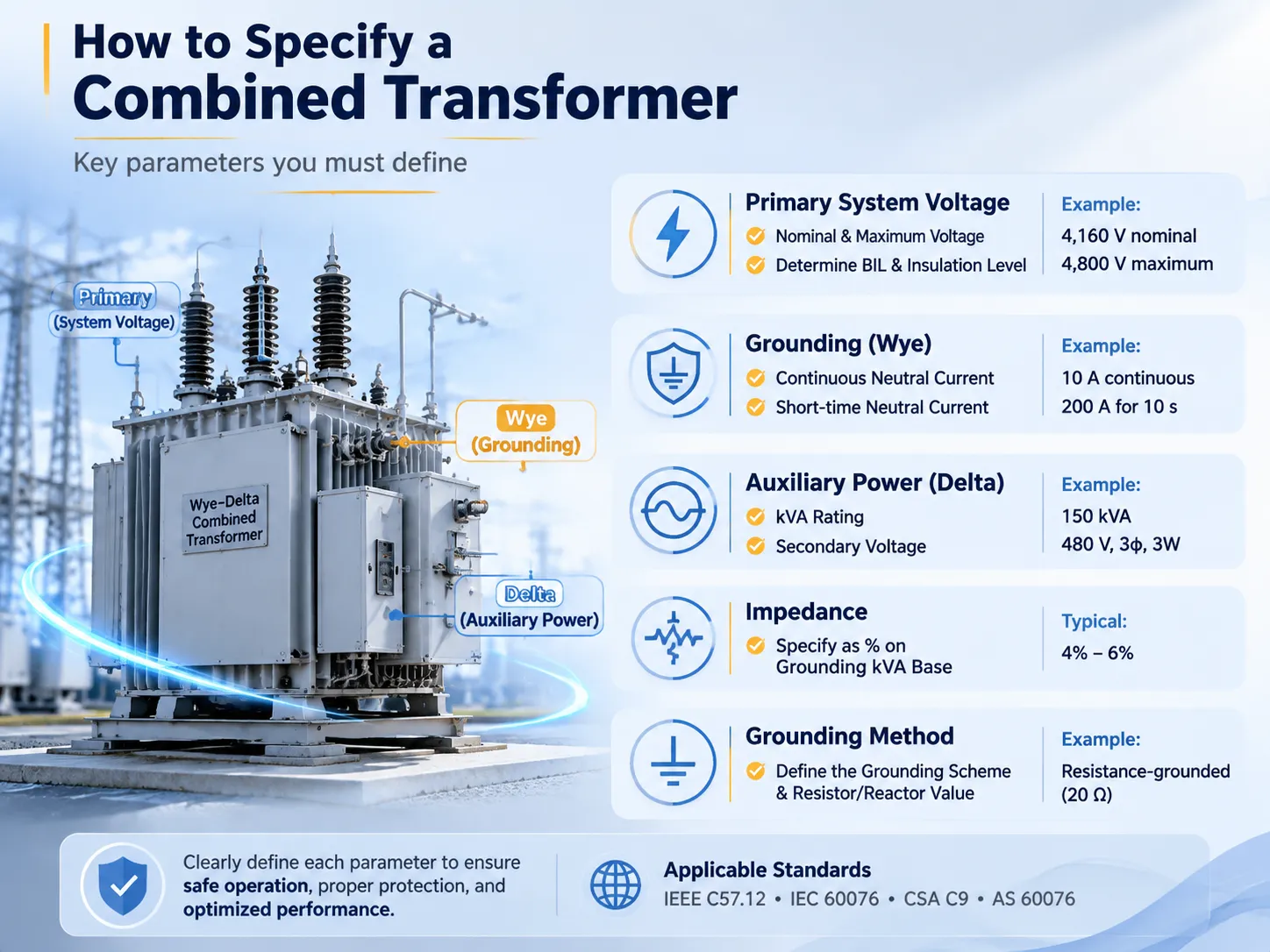 How to Specify the Voltage, the kVA, and the Grounding Requirements for a Combined Transformer