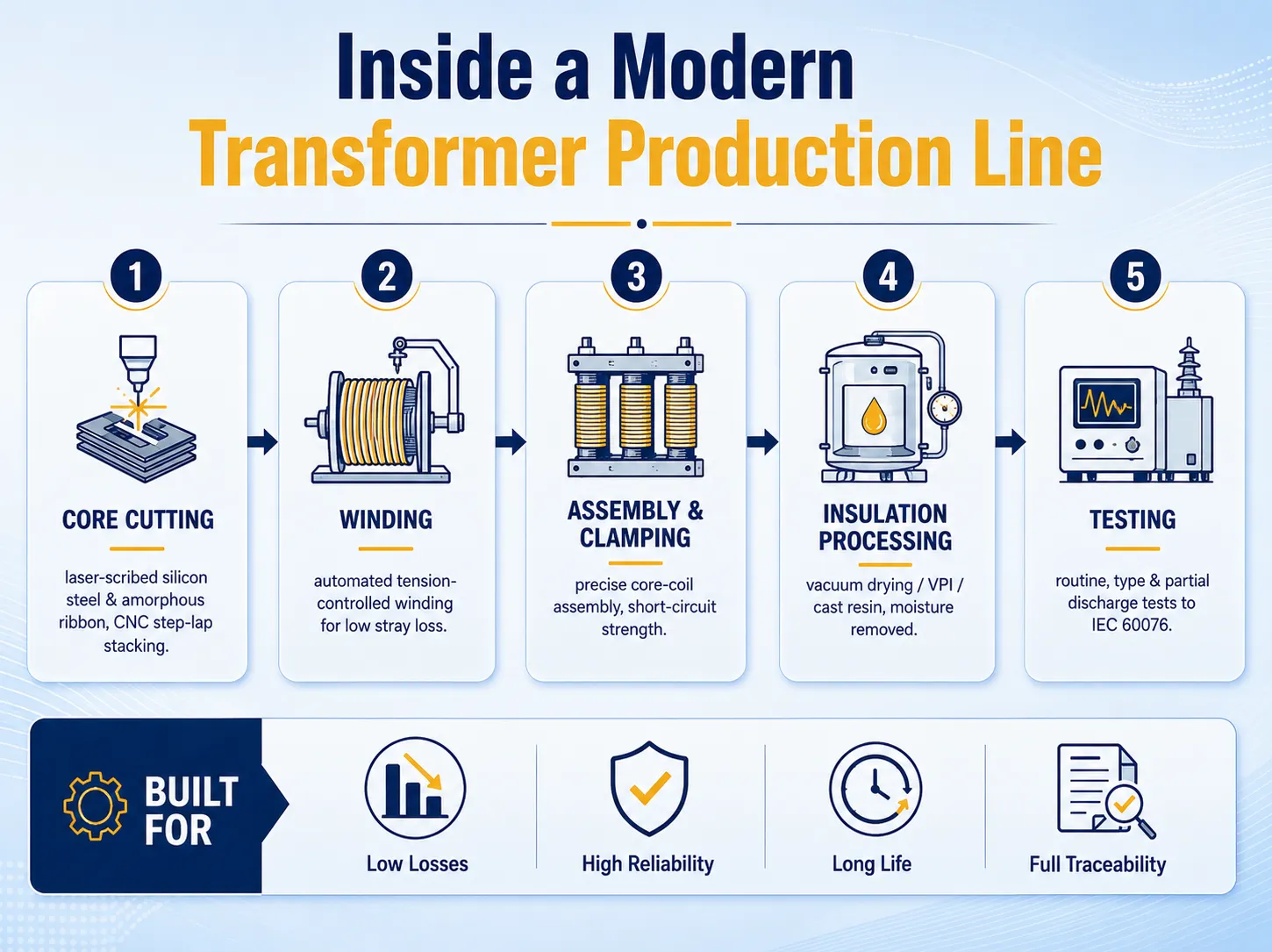 Modern transformer manufacturing production line showing automated core cutting, winding, and assembly technology