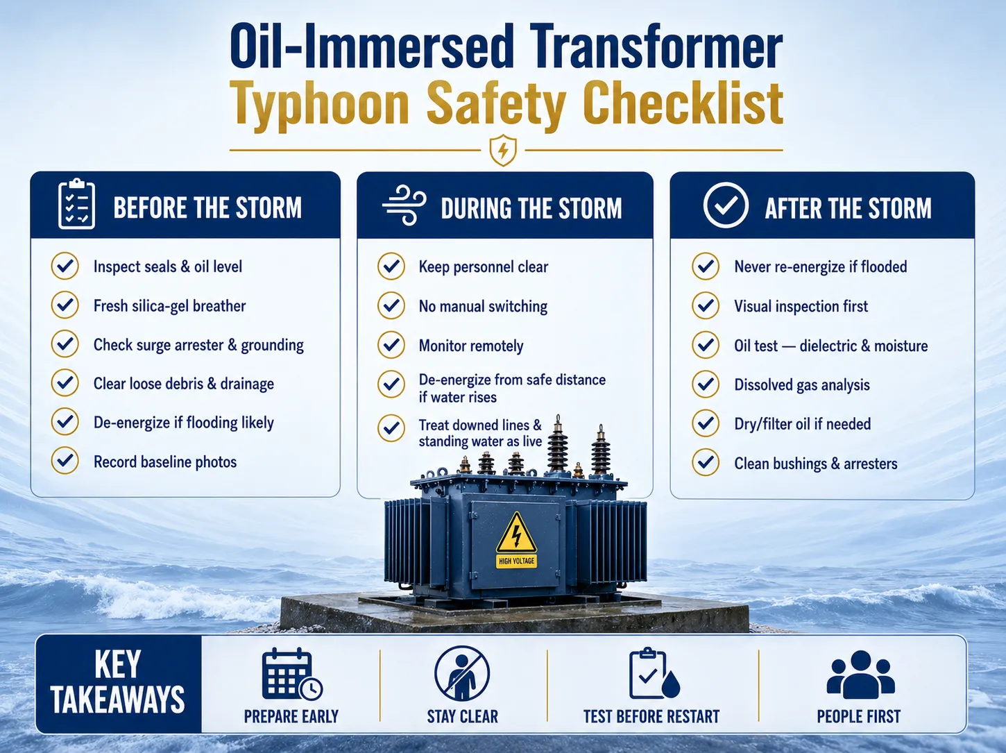 Infographic checklist for oil-immersed transformer typhoon safety showing before, during, and after storm precautions and key takeaways