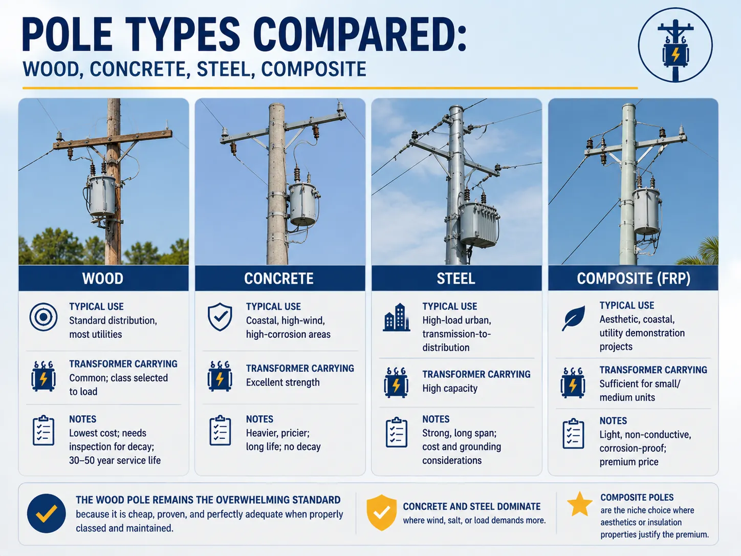 Pole Types Compared: Wood, Concrete, Steel, Composite
