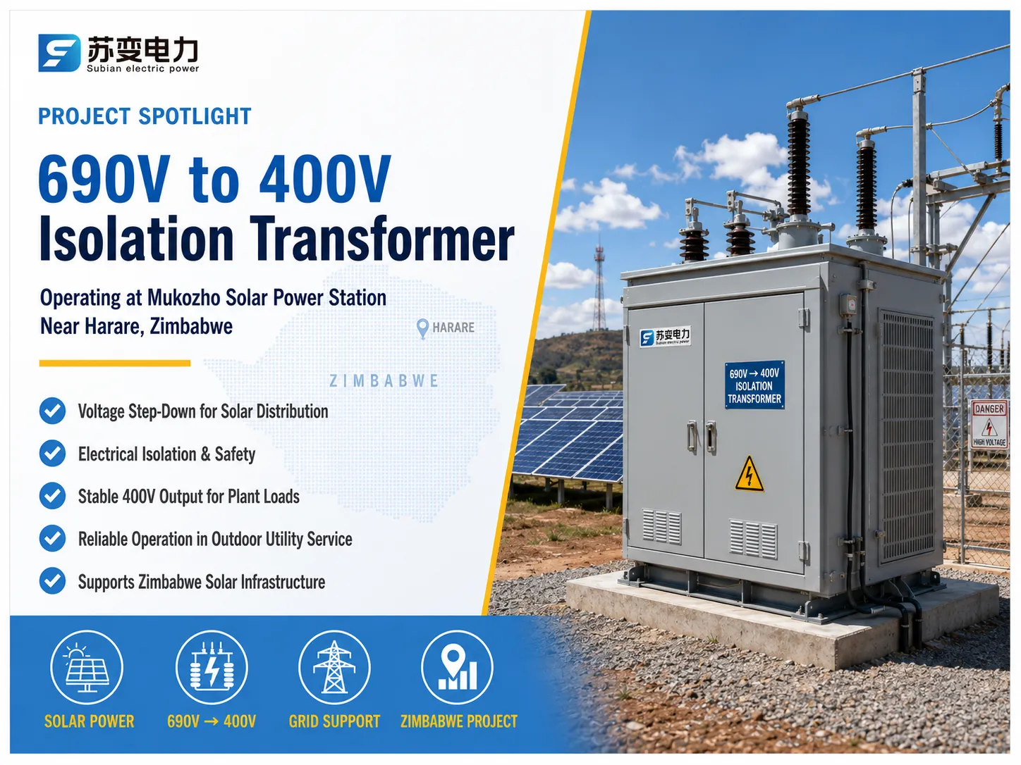 Subian Power isolation transformers installed at the Mukozho solar power plant near Harare, Zimbabwe