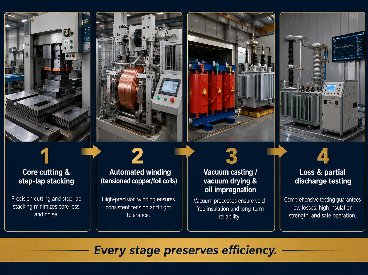 Three-panel infographic explaining the transformer manufacturing process from core cutting to winding to vacuum casting and final testing