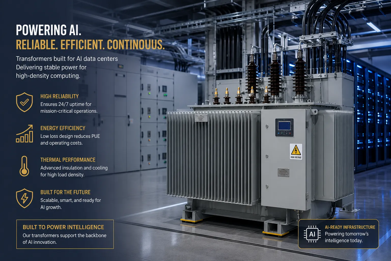 Transformers for AI computing centers supplying medium-voltage power to high-density data center racks