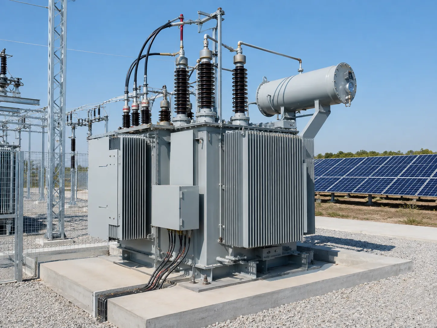 Transformers used in photovoltaic power plants stepping up solar inverter output for grid connection