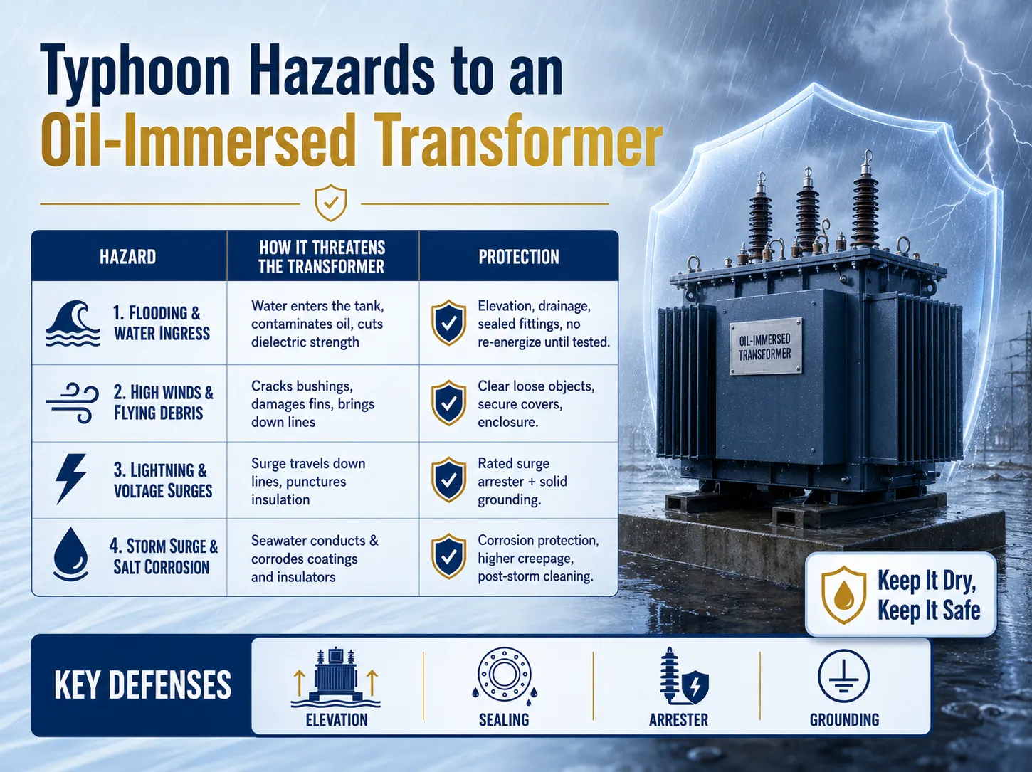 Infographic showing typhoon hazards to an oil-immersed transformer including flooding, high winds, lightning surges, and salt corrosion, with the protection each requires