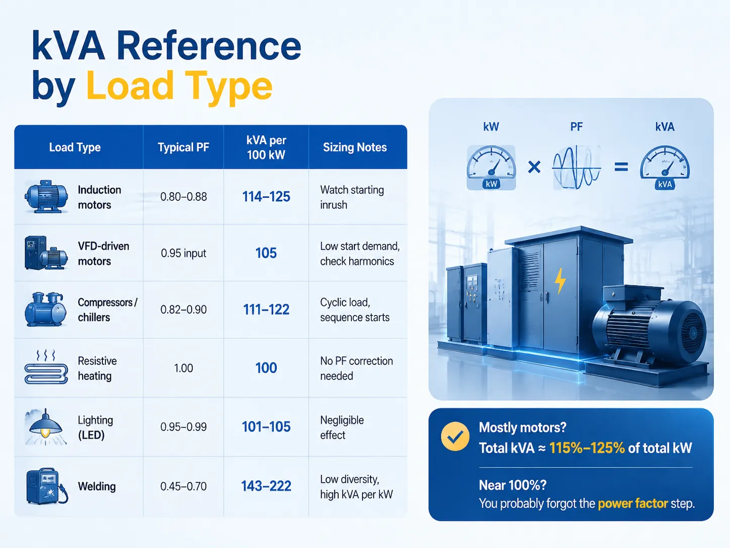 kVA Reference Table by Load Type