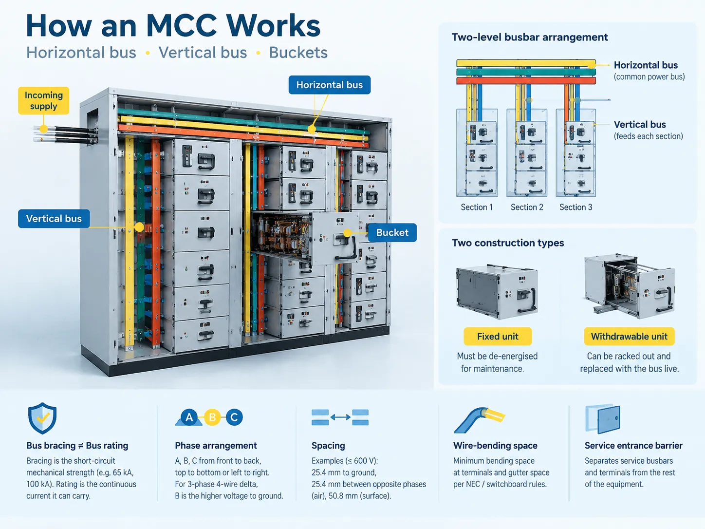 How an MCC works: horizontal bus, vertical bus and buckets