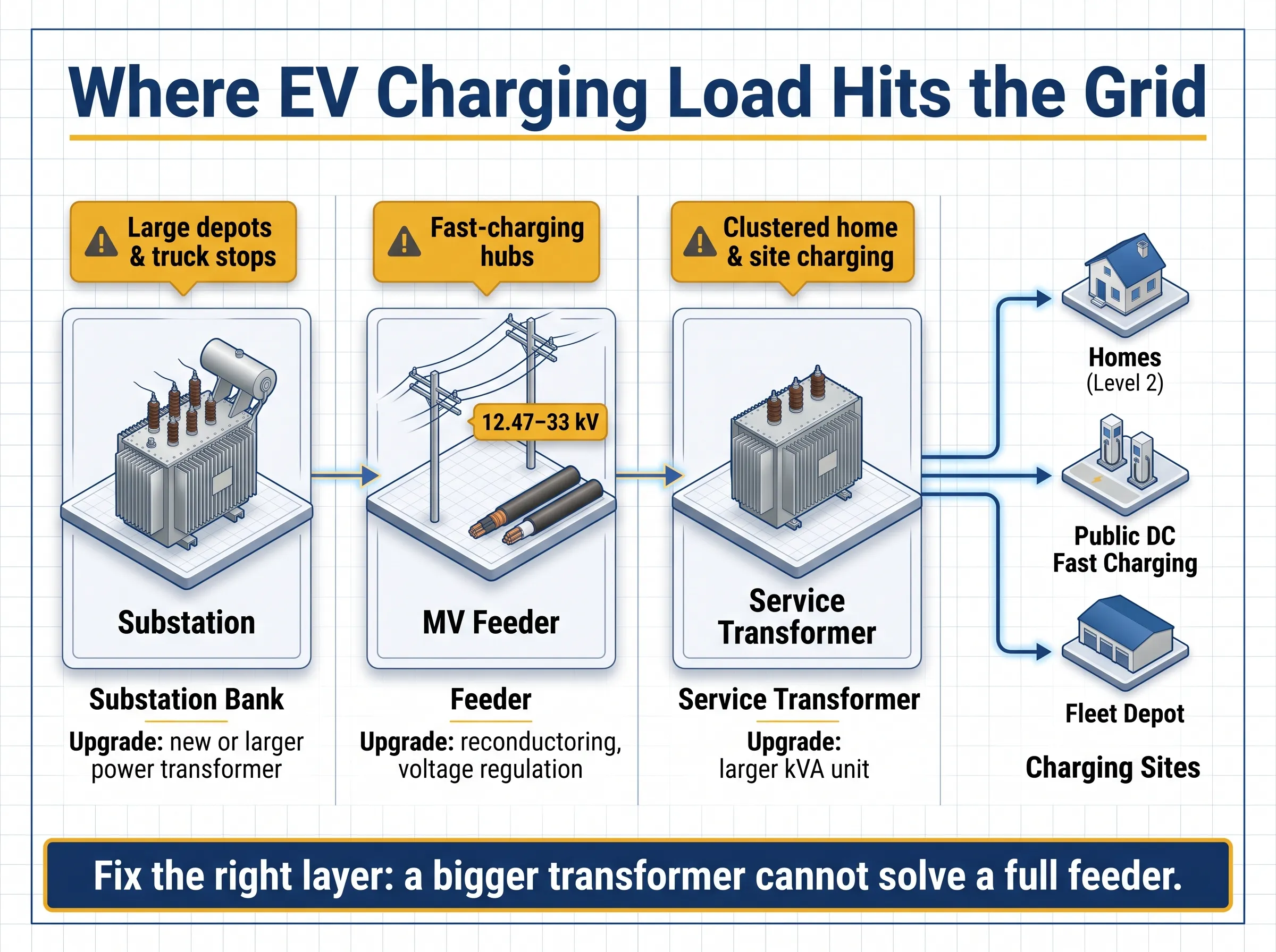 Distribution grid diagram showing how EV charging affects the substation, feeder and service transformer