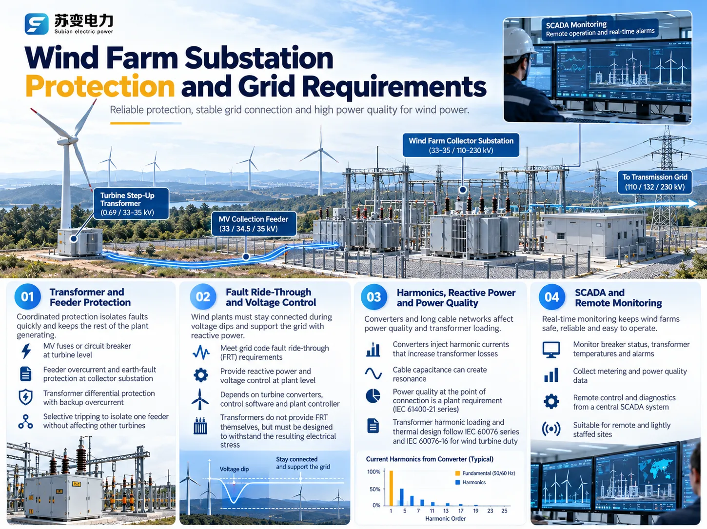 Wind farm substation protection and grid requirements: feeder and transformer protection, fault ride-through, power quality and SCADA monitoring